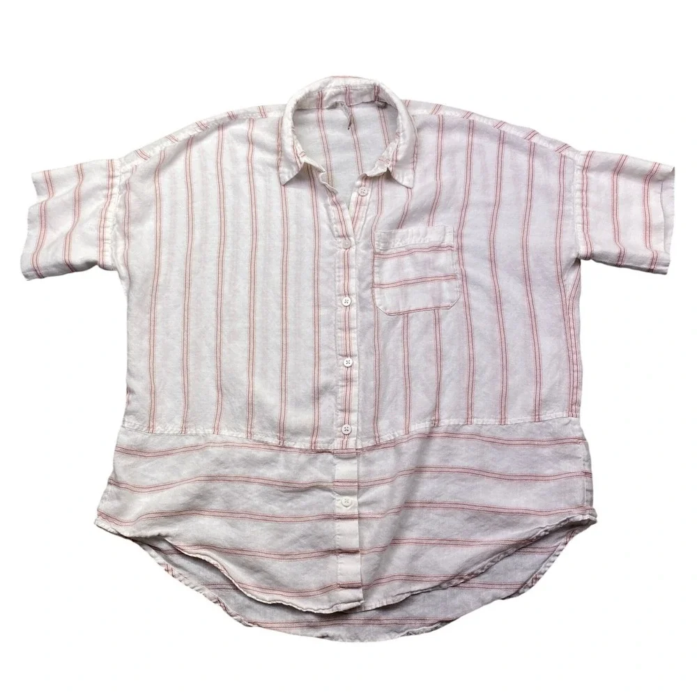 Athleta Anguilla Striped Linen Button Down Shirt‎ Womens XS S/S White Pink